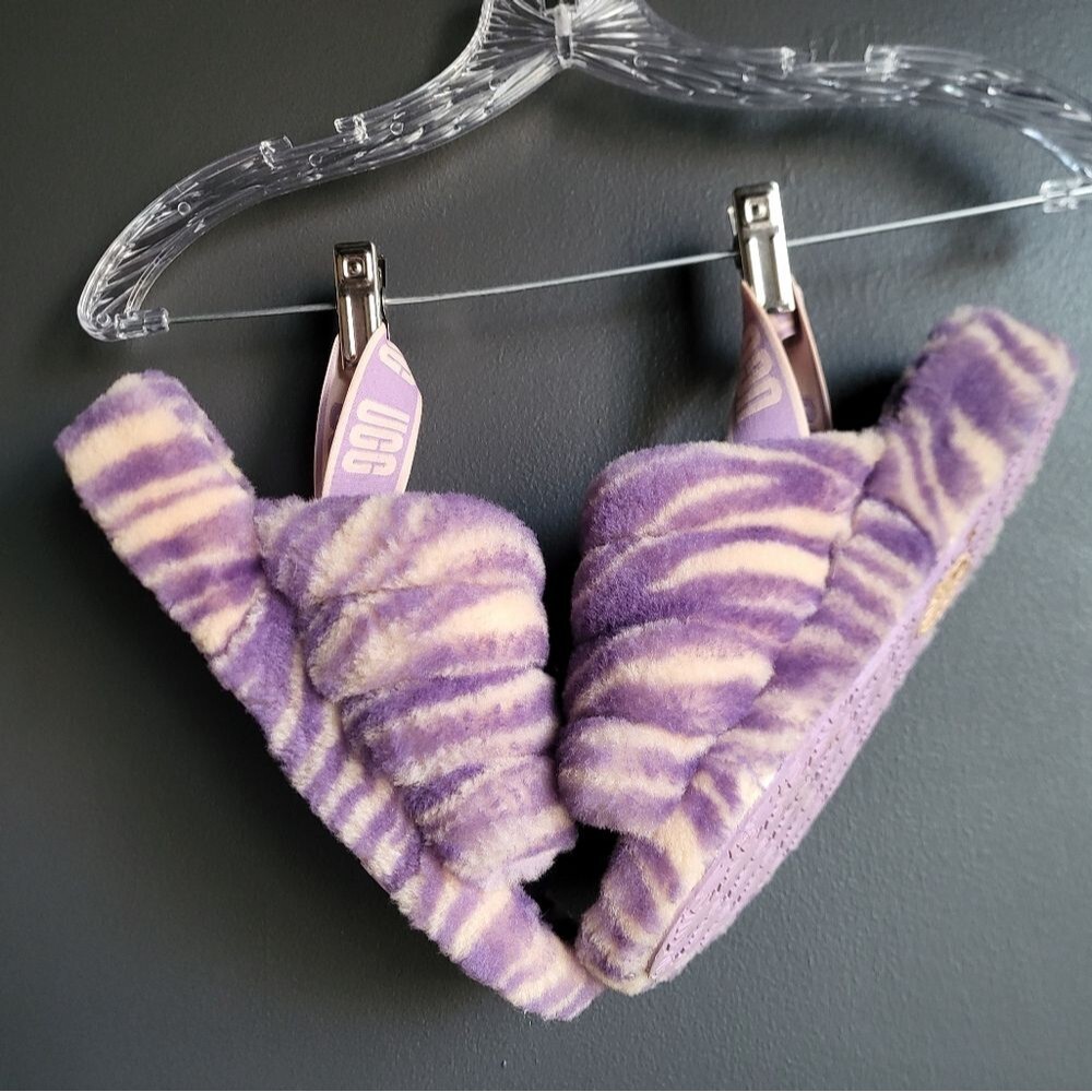 UGG FLUFF YEAH SLIDE Zebra Purple Cream SLIP ON SANDAL US 9 / EU 40 / UK 7